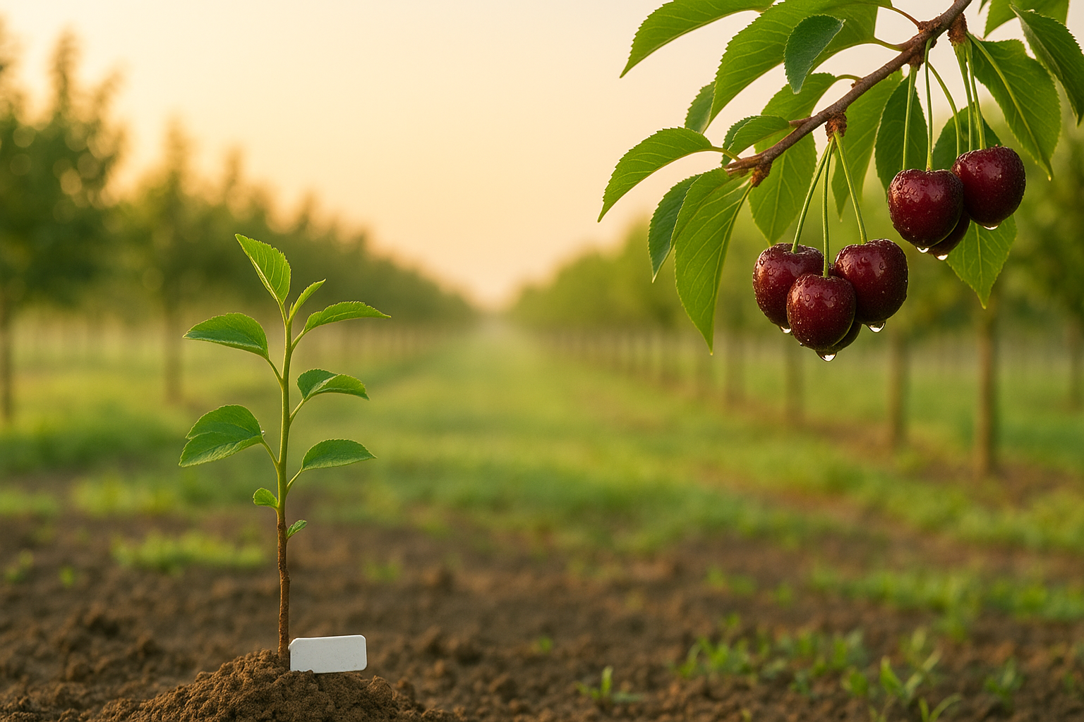 Sadzonka czereśni w rzędzie sadu oraz gałąź z dojrzałymi owocami